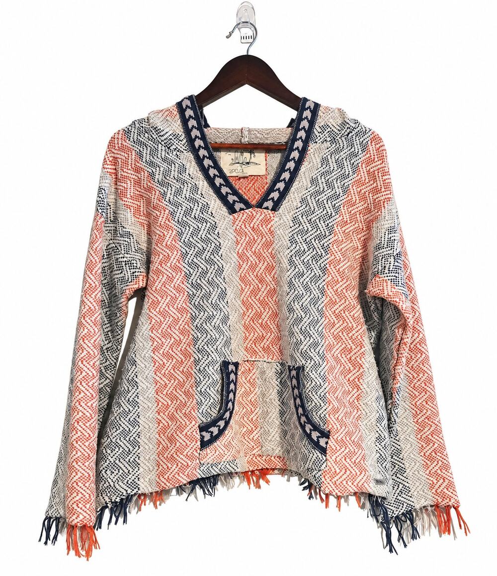 Baja Hoodie Pullover Woven Striped Orange Navy Cream Boho